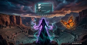 Mystical enchantress glowing in dramatic Photoshop fantasy landscape scene