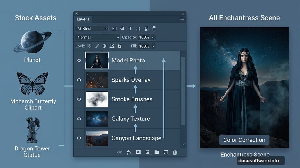 Layered Photoshop compositing workflow combining stock assets into enchantress scene