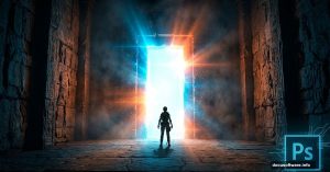 Silhouetted figure stands before glowing portal in dramatic sci-fi stone chamber