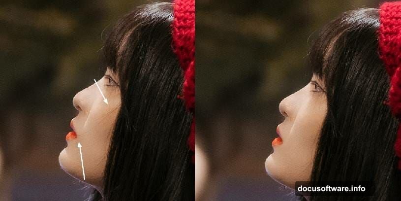 Hue/Saturation adjustment layer shifting lip color to cooler tone