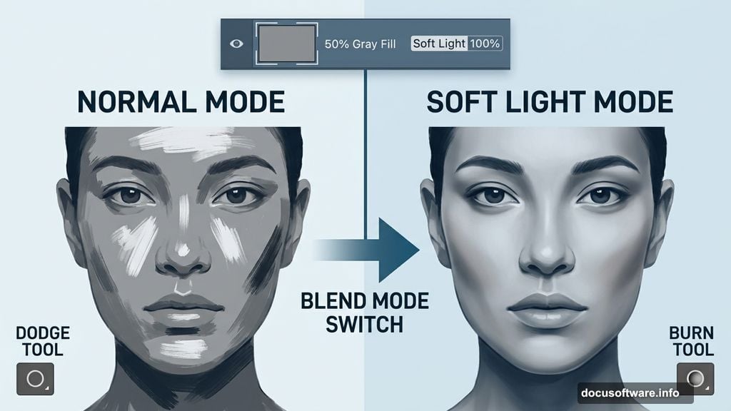 Dodge and Burn tool on 50% gray Soft Light layer refining face