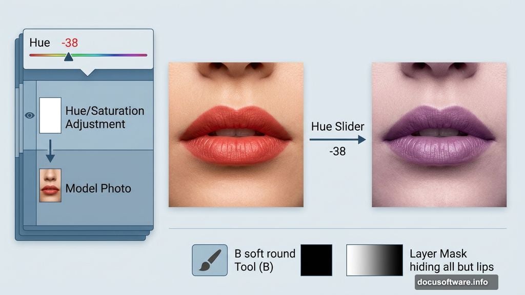 Hue Saturation adjustment layer shifts lip color to cooler tone