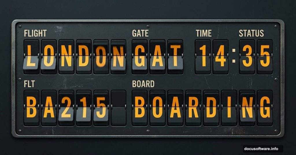 Vintage split-flap airport departure board with flipping mechanical character tiles