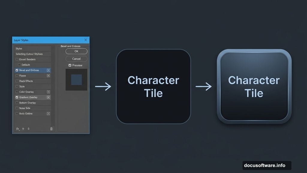 Photoshop Layer Styles Bevel Emboss and Gradient Overlay applied to character tile