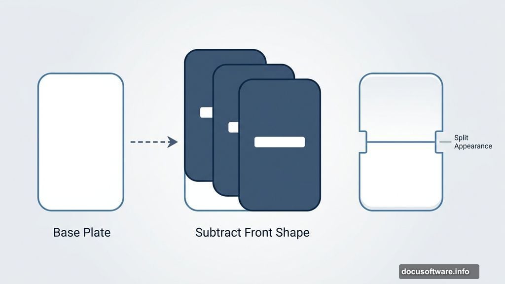 Subtract Front Shape paths carving split appearance into mechanical flip tile