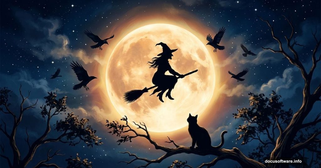 Spooky Halloween Photoshop composite with witch flying across glowing moon