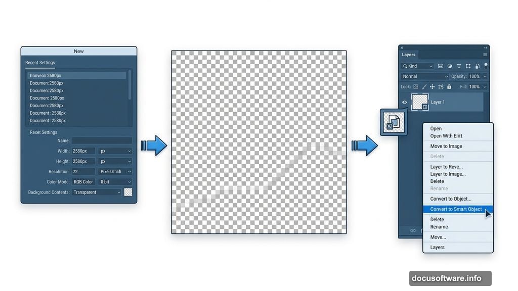 Setting up a 2580px transparent canvas and converting layers to Smart Objects