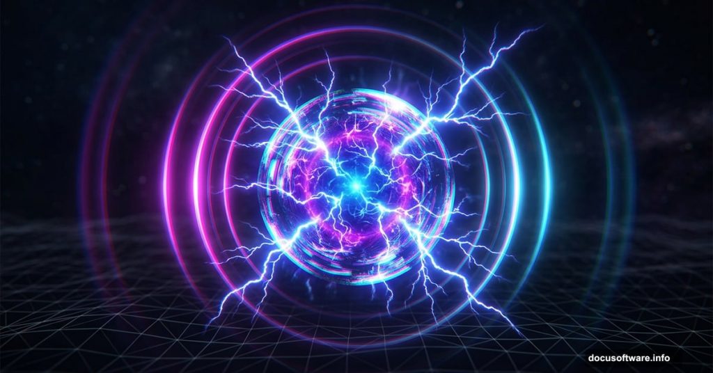 Glowing 3D sphere with electric lightning and neon radiation in Photoshop composite