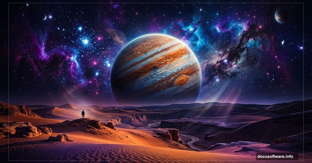 Abstract sci-fi desert landscape with glowing planet and nebula sky