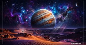 Abstract sci-fi desert landscape with glowing planet and nebula sky