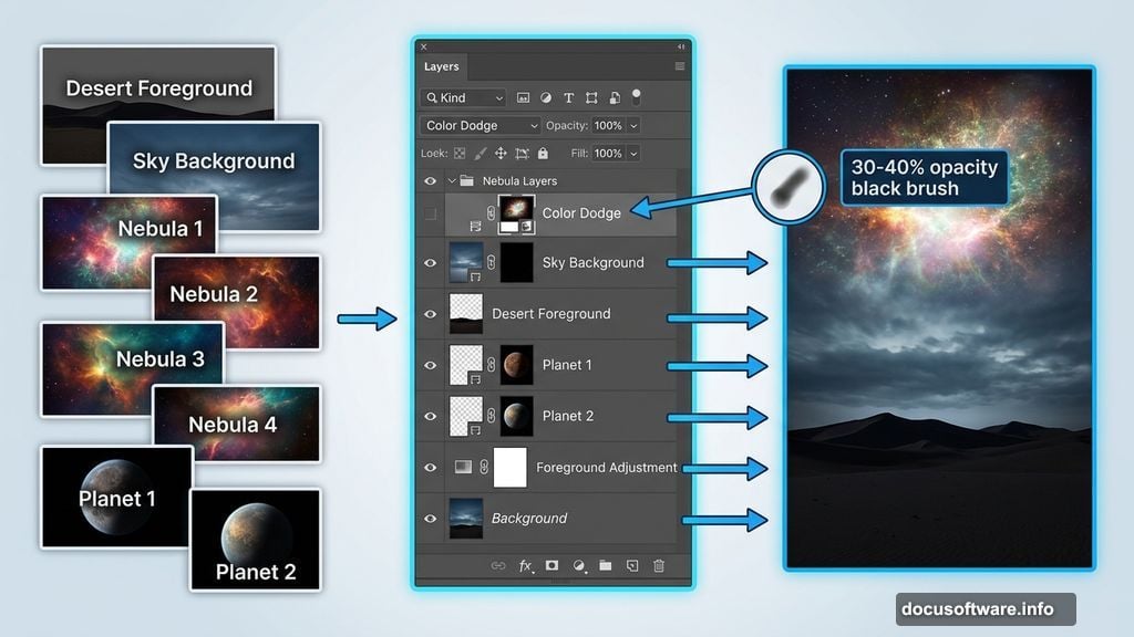 Blending desert and sky layers using Soft Light masks in Photoshop