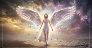 Glowing angel with spread wings on a dramatic misty beach