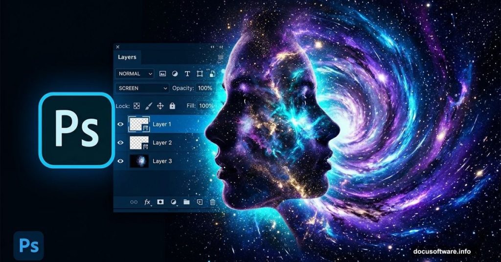 Photoshop galaxy portrait tutorial showing face blending into cosmic space