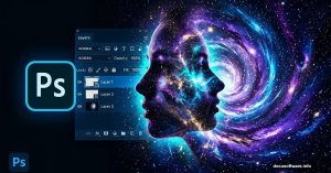 Photoshop galaxy portrait tutorial showing face blending into cosmic space