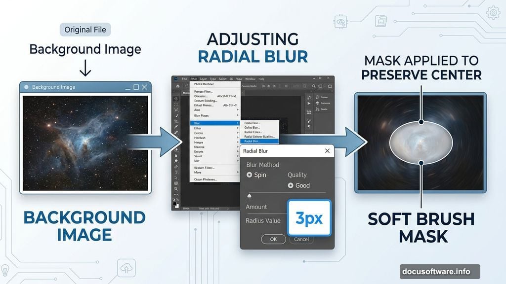 Radial Blur filter adds depth and movement to galaxy background