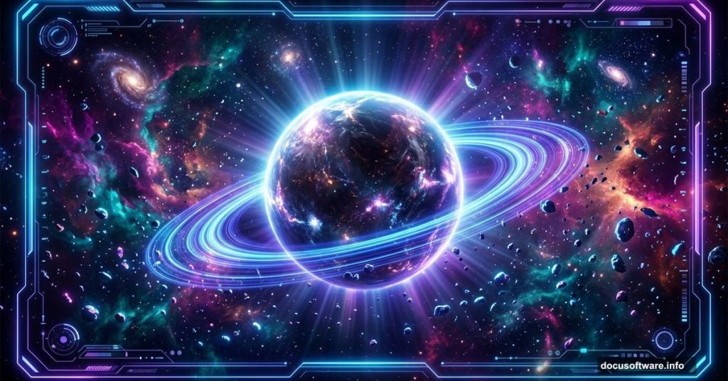 Stunning Photoshop galaxy scene with glowing planet and star field