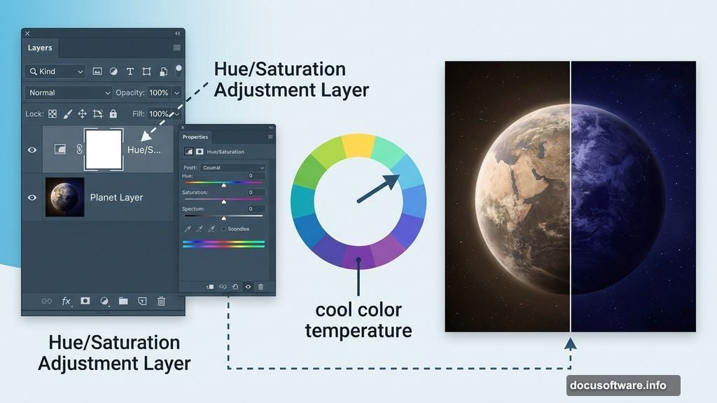 Hue and Saturation adjustment layer shifting planet colors to cool blues