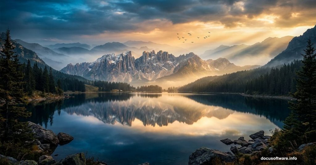 Stunning Photoshop landscape manipulation with dramatic mountains and lake
