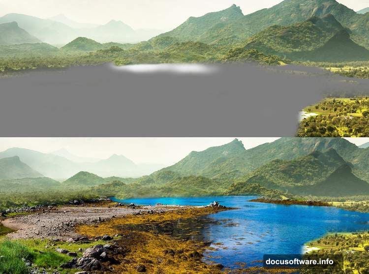 Landscape 1 placed below Landscape 2 with Overlay dodge brightening lakeside