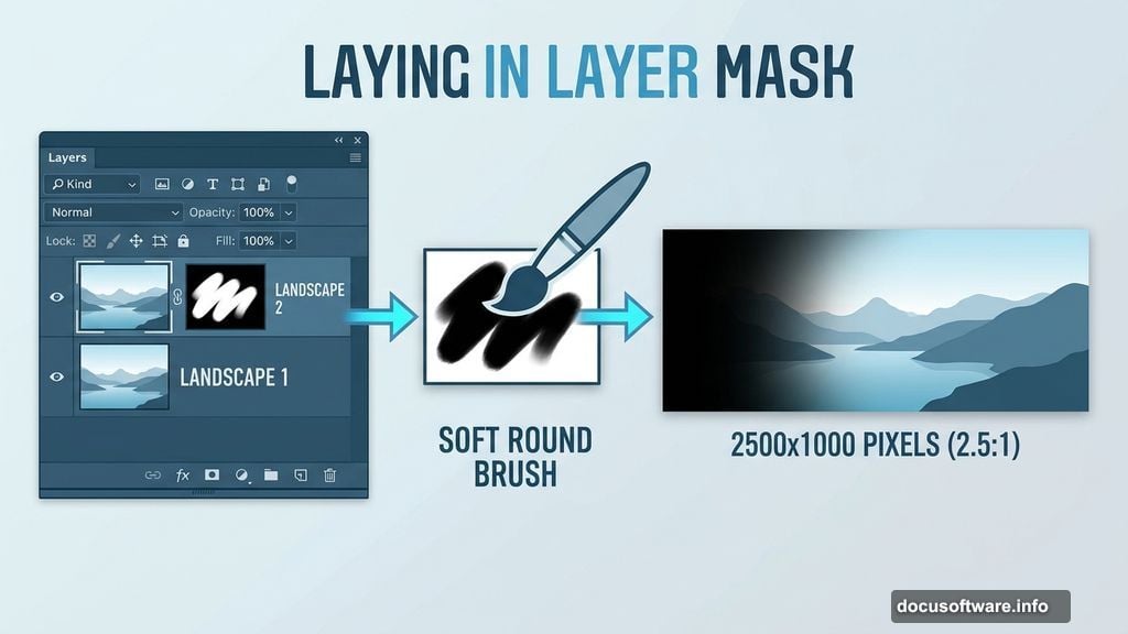 Layer mask with soft brush erasing Landscape 2 to reveal Landscape 1 beneath