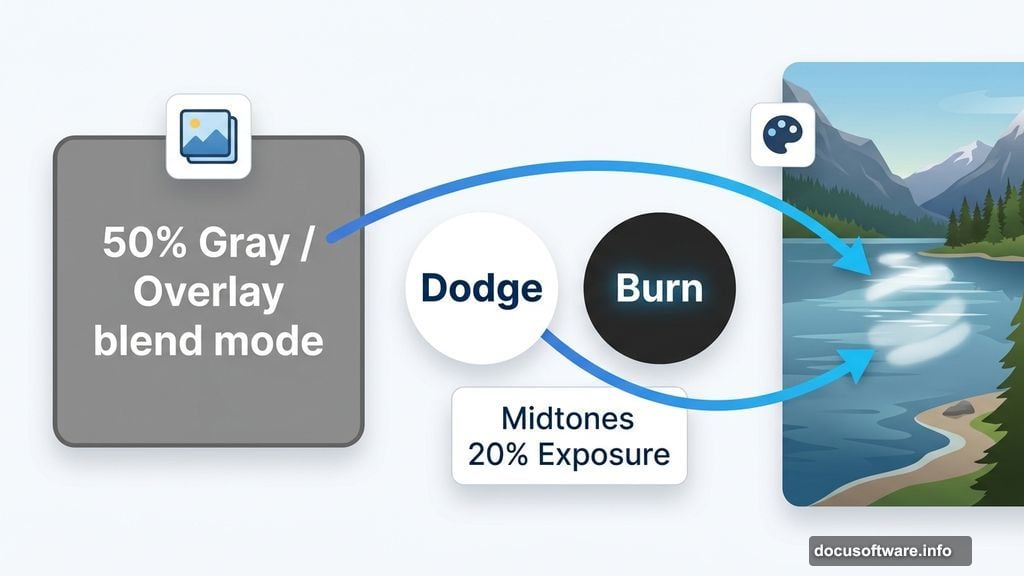 Dodge and Burn on 50% gray Overlay layer brightening the lakeside area