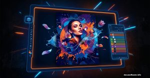 Futuristic mixed media Photoshop poster blending portrait with geometric shapes