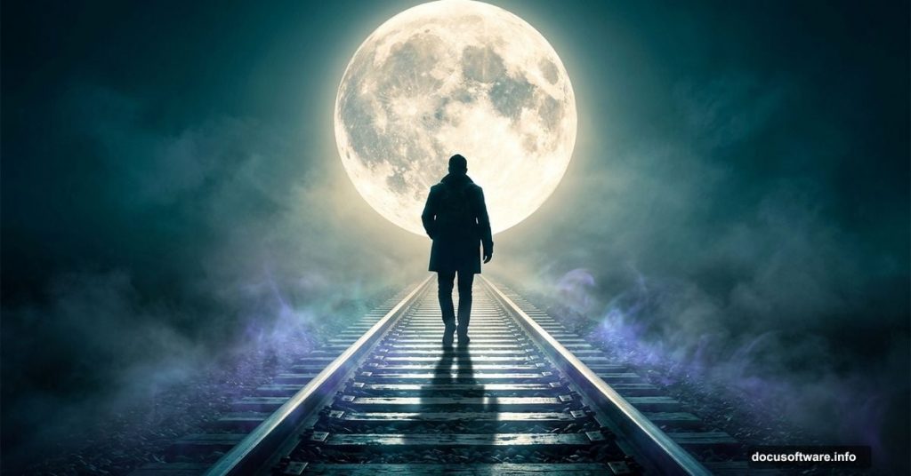 Lone figure walking misty moonlit railway tracks in surreal cinematic poster