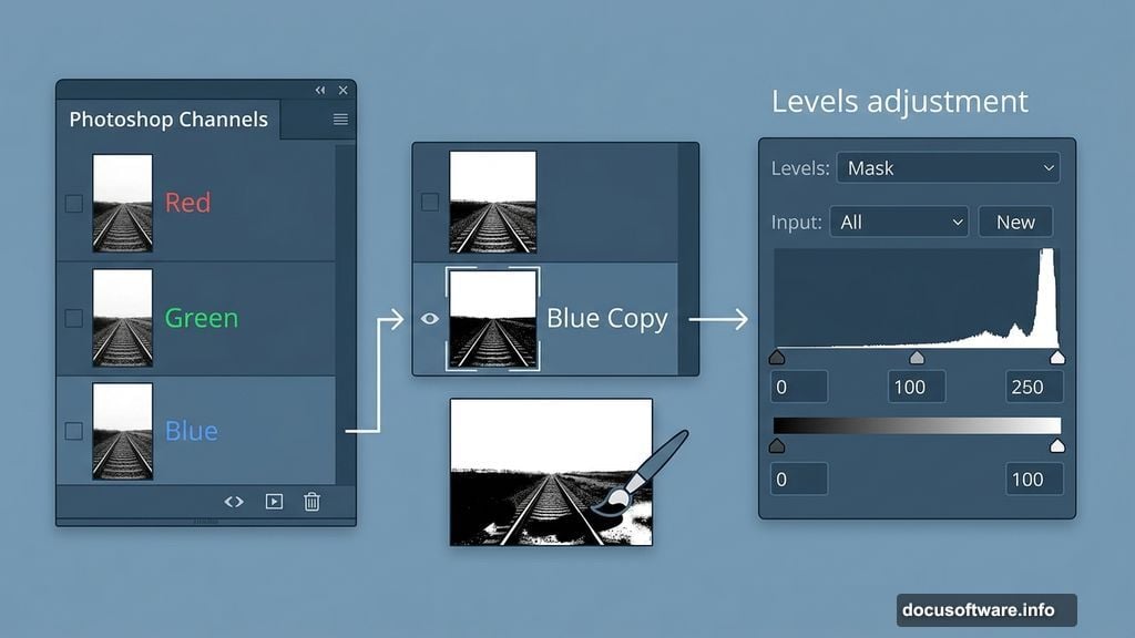 Masking the sky using Photoshop Channels panel with Blue channel