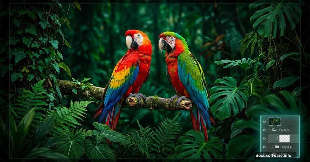 Vibrant parrots in lush ivy nature scene created in Photoshop