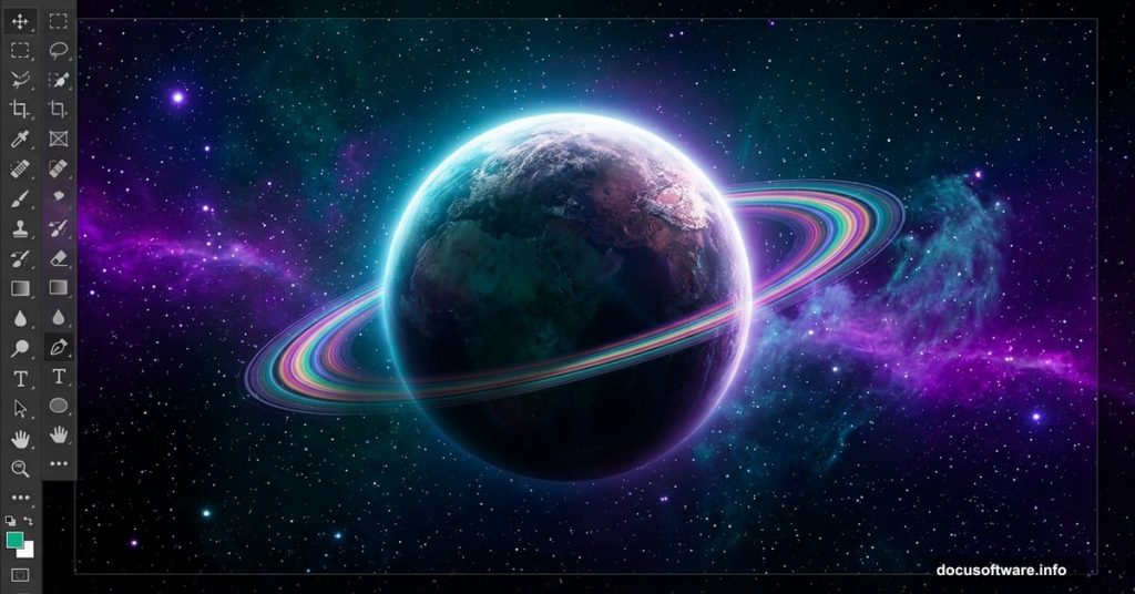 Stunning Photoshop-created space scene with glowing ringed planet and nebula