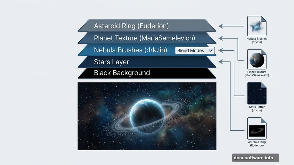 Layer-by-layer space composite built with planet texture and asteroid ring