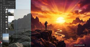 Photoshop sunset landscape manipulation showing golden sky and mountains