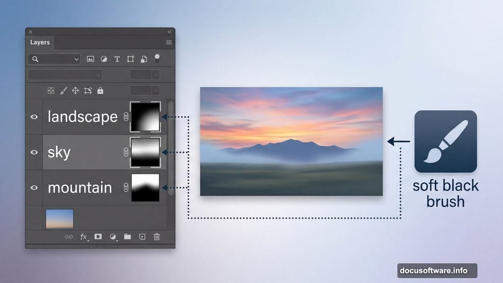 Layer masks and soft black brush blending landscape sky and mountain