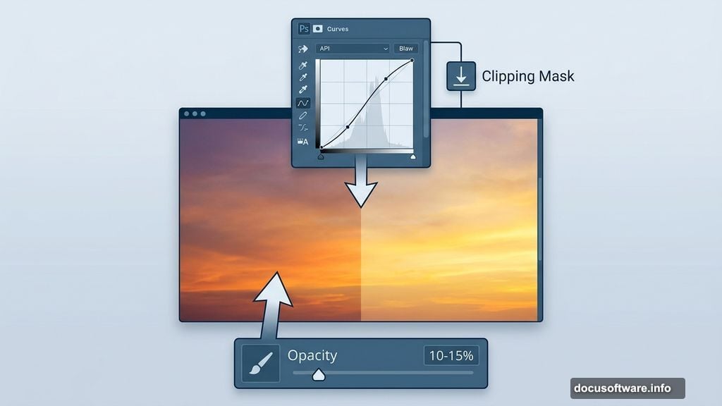 Curves adjustment layer with clipping mask brightening sunset sky gradient