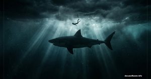 Dramatic underwater shark scene with dangling fisherman in Photoshop