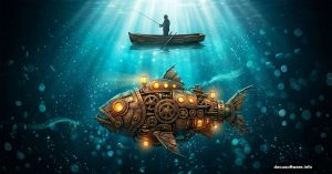 Surreal underwater scene with fisherman and mechanical fish submarine in Photoshop