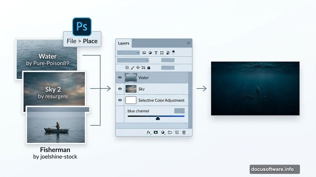 Placing stock water and sky layers with Selective Color blue channel adjustment