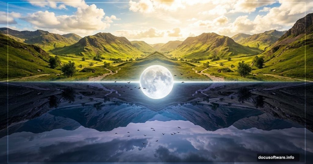 Surreal upside-down mirrored landscape Photoshop digital art tutorial cover
