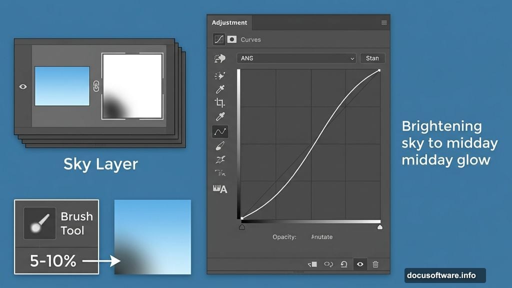 Curves adjustment layer brightens sky with soft brush darkening bottom corner