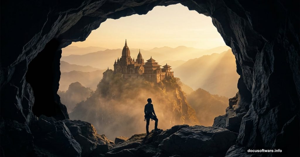 Climber inside cave gazing at ancient temple on misty mountain peak