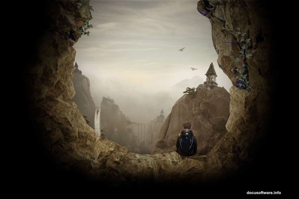 Quick thumbnail sketch showing cave climber and temple composition layout