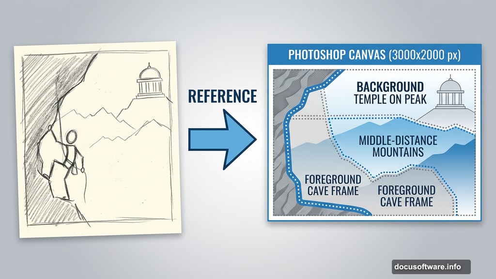 Thumbnail sketch guides Photoshop composition of cave climber scene