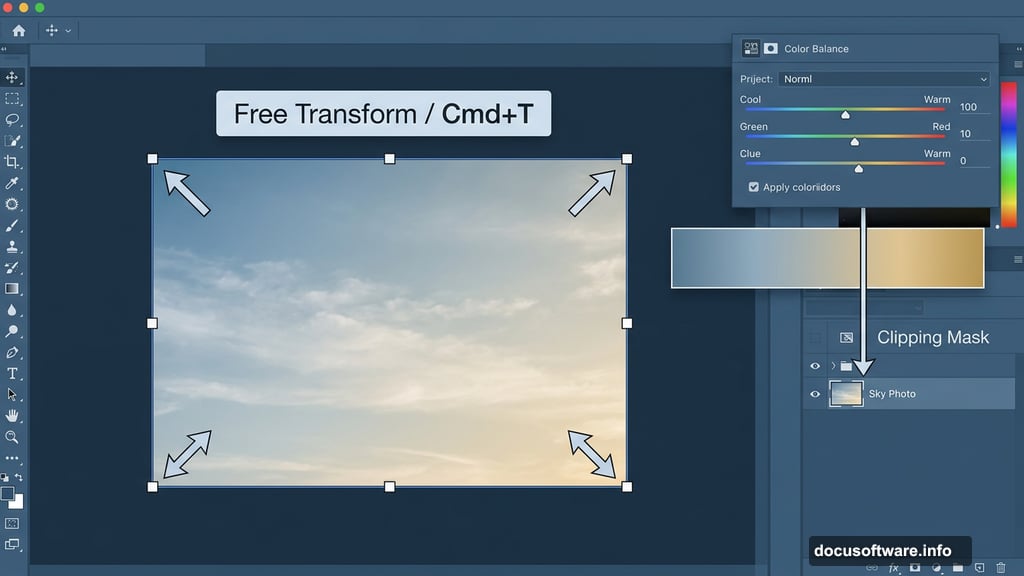 Color Balance adjustment layer clips to sky adding warm golden glow