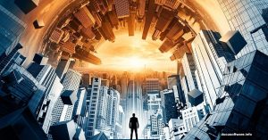 Surreal Inception-style cityscape folding overhead with central human figure