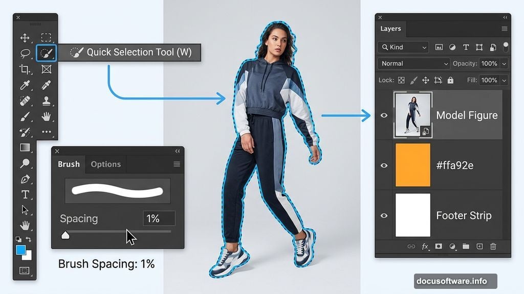 Quick Selection Tool isolates model figure on orange Photoshop canvas