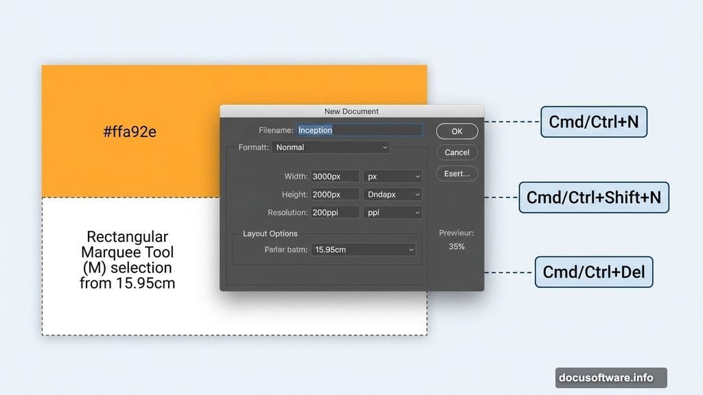 Photoshop canvas setup with orange background and white lower section