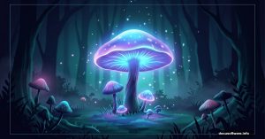 Glowing giant mushroom illuminates a surreal dark forest night scene