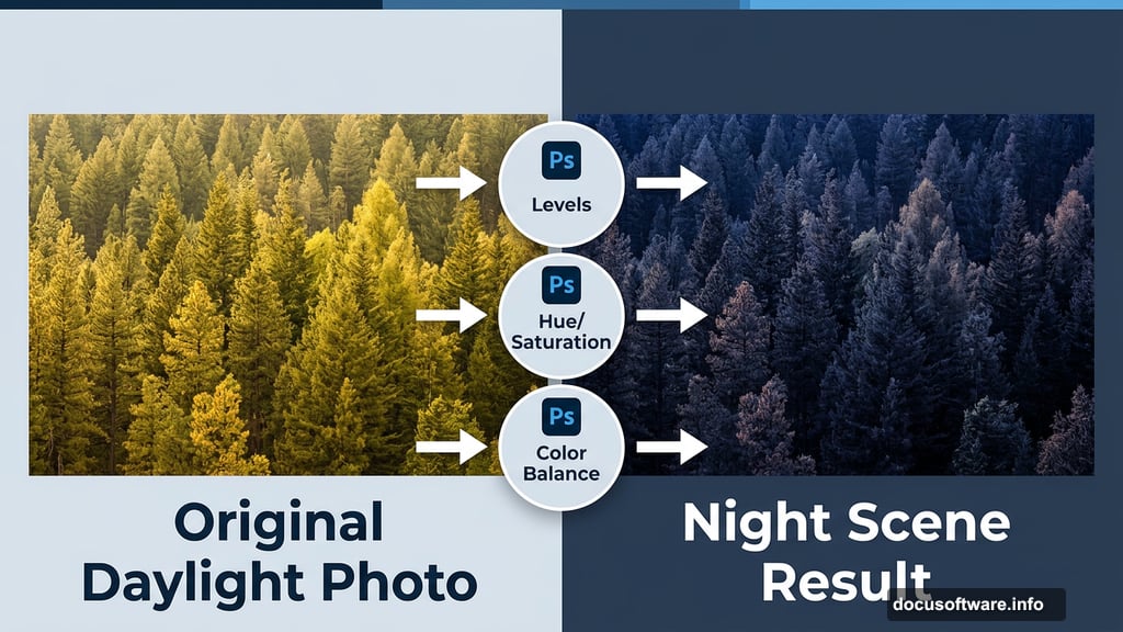 Shift a day scene into night using Levels, Hue/Saturation, and Color Balance adjustments