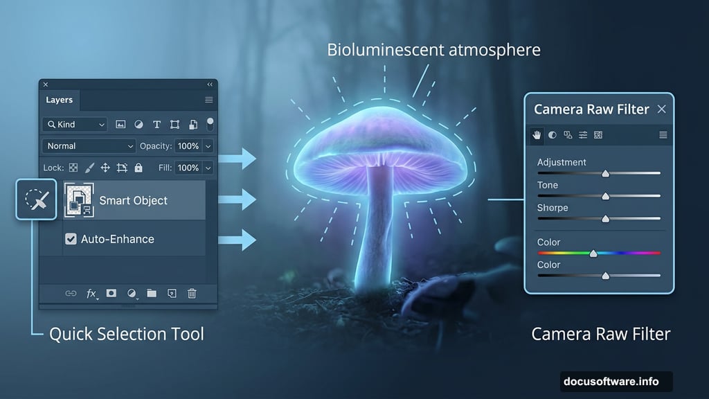 Oversized glowing mushrooms blended into misty forest using Smart Object layers