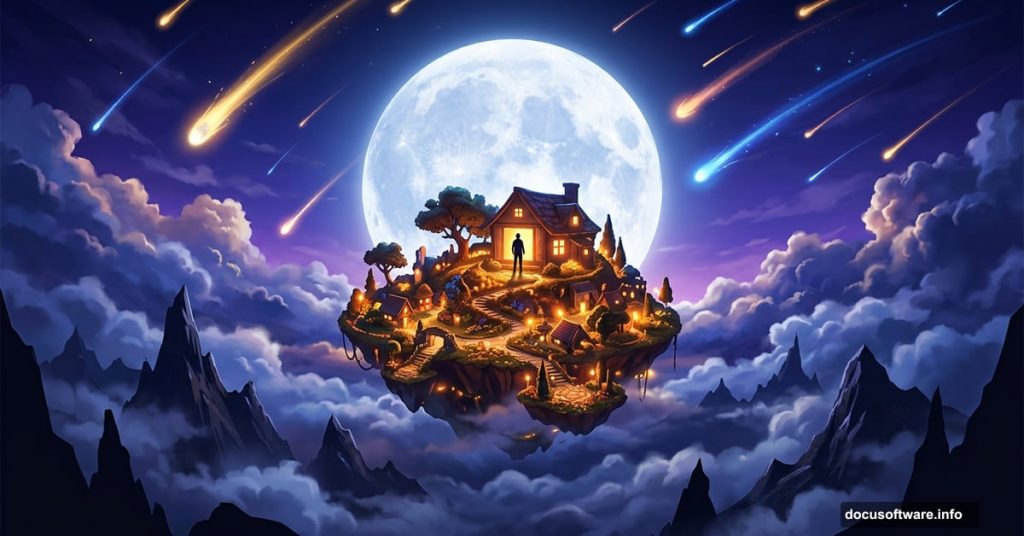 Surreal floating sky destination with moon, clouds, and comets in Photoshop